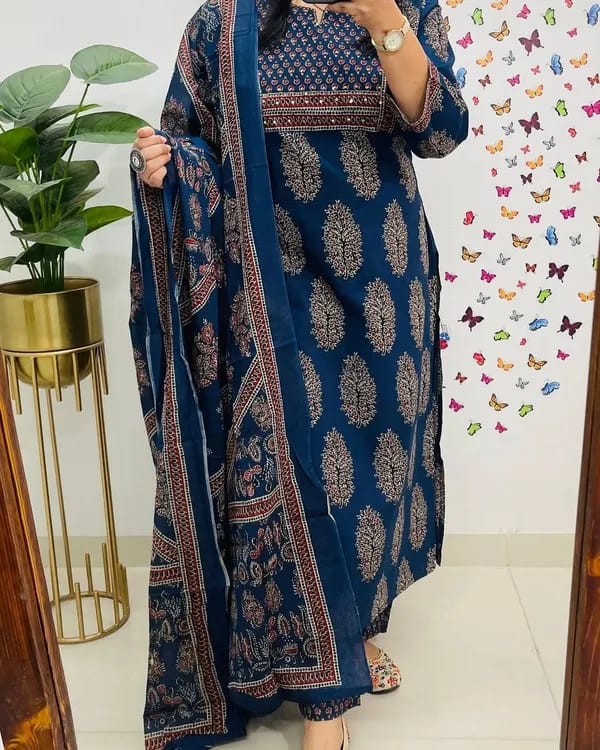 Beautiful Flower Print Kurti With Pant And Dupatta Set