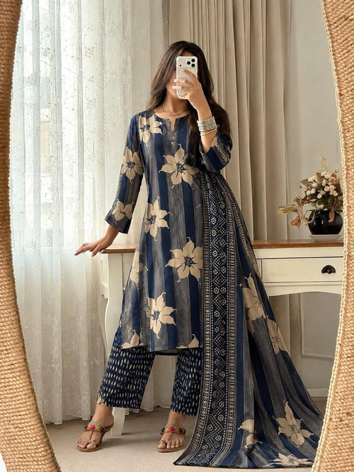 Blue Floral Striped Cotton Kurta Set