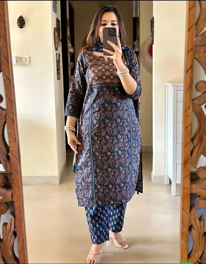 Blue pure Cotton Ajrakh Print Kurta Set For Women & Girls