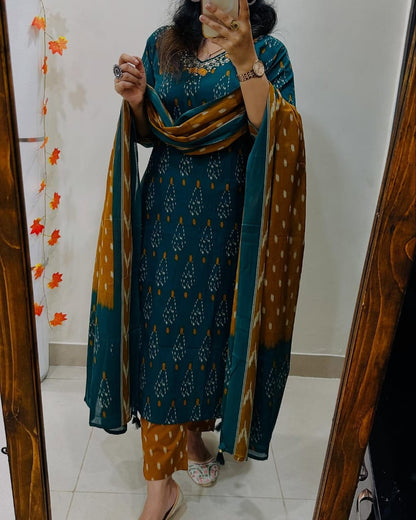 Elegant Teal & Mustard Ikat Print Cotton Suit Set
