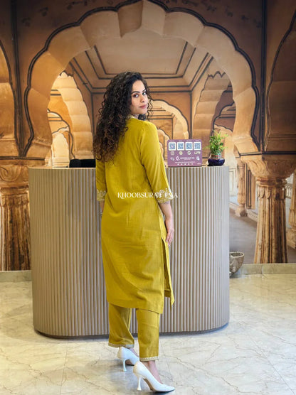 JK Fashion Mustard Yellow Cotton Kurta With White Embroidery
