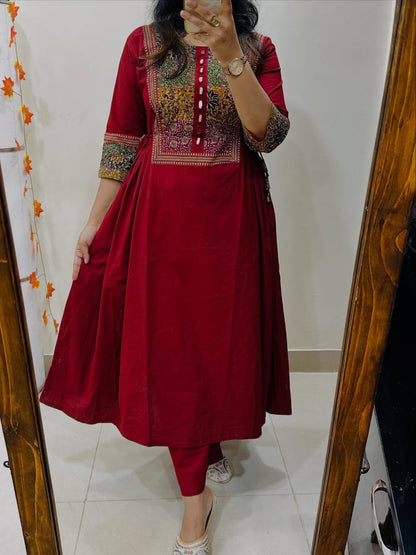 Red Solid A-Line Kurta With Pant Set