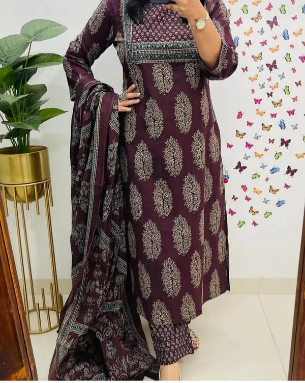 Beautiful Flower Print Kurti With Pant And Dupatta Set