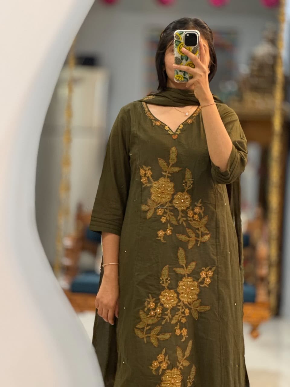 Olive Green Embroidered Cotton Silk Kurta Set