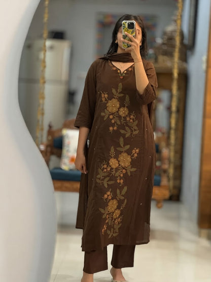 Chocolate Brown Embroidered Cotton Silk Kurta Set