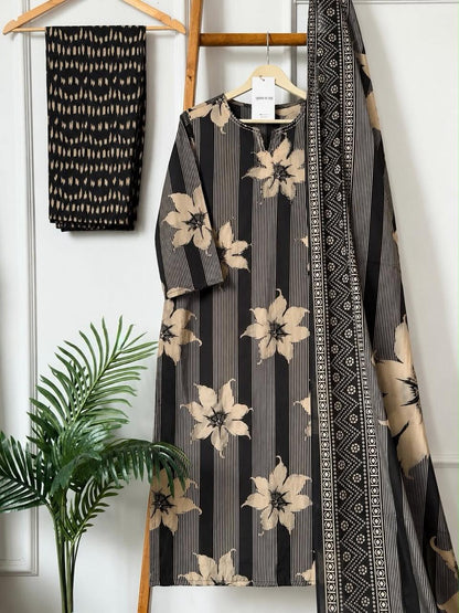 Black Floral Striped Cotton Kurta Set