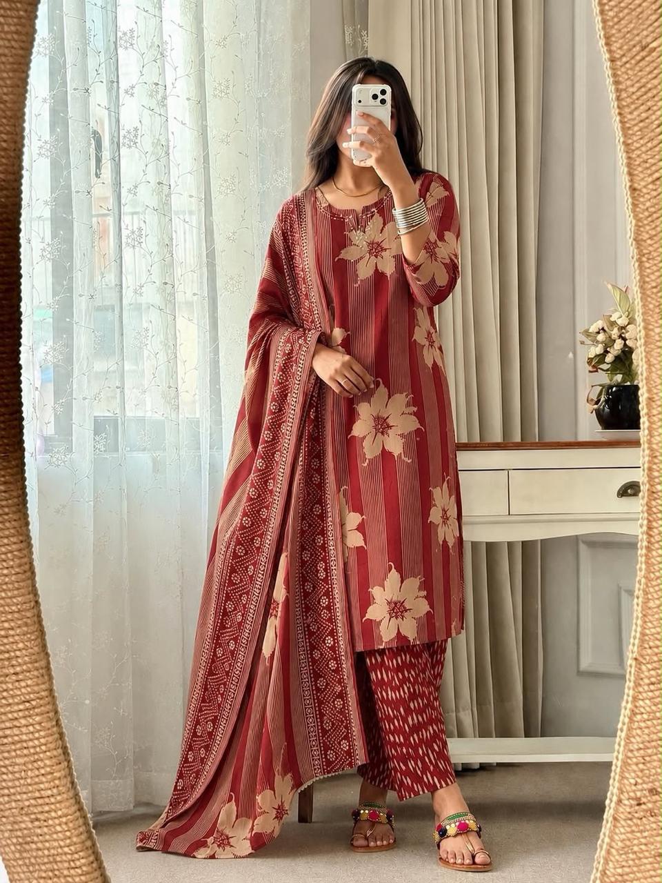 Red Floral Striped Cotton Kurta Set