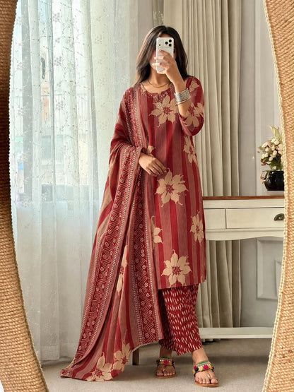 Red Floral Striped Cotton Kurta Set