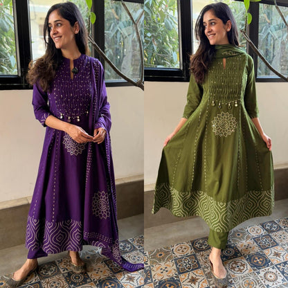 Premium Purple Flared Cotton Anarkali Kurta Set