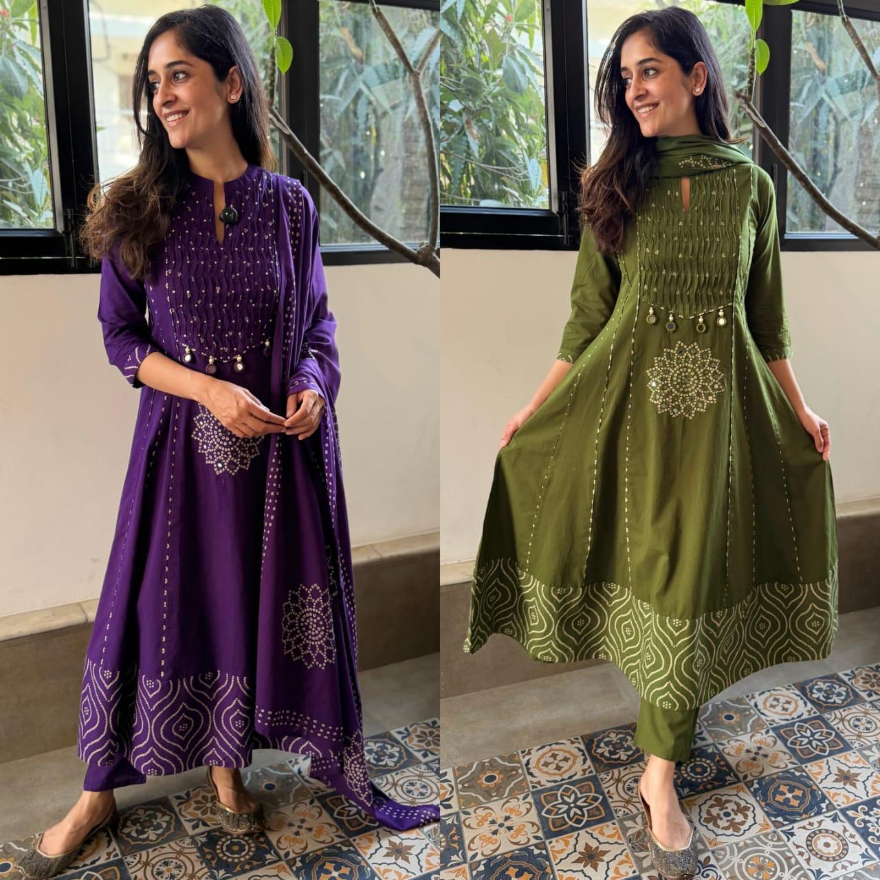 Premium Olive Green Cotton Anarkali Kurta Set