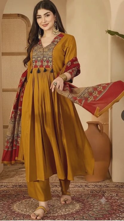 KIMAYRA Mustard Yellow Embroidered Empire Anarkali Kurta Set