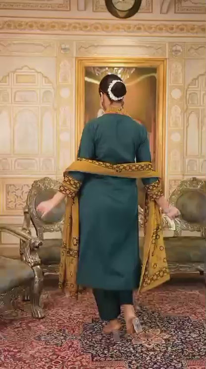 Teal Blue Cotton Kurta Set With Printed Dupatta